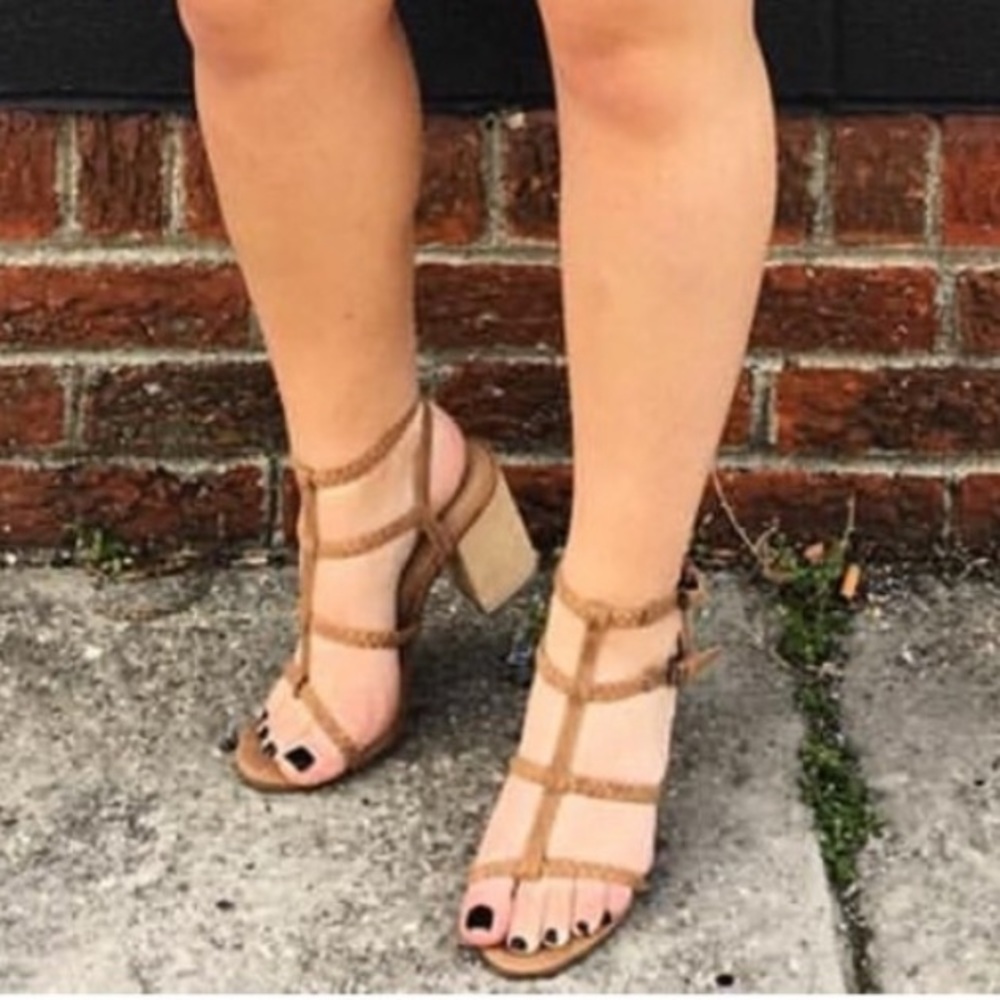 Cream Leather Braided Strappy Block Heel Sandals - Picture 4 of 4